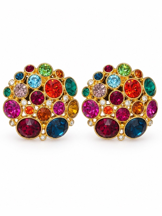 Blanca Jewelry - Blanca Multicolor Crystal Cluster Gold Tone Clip-On Statement Earrings